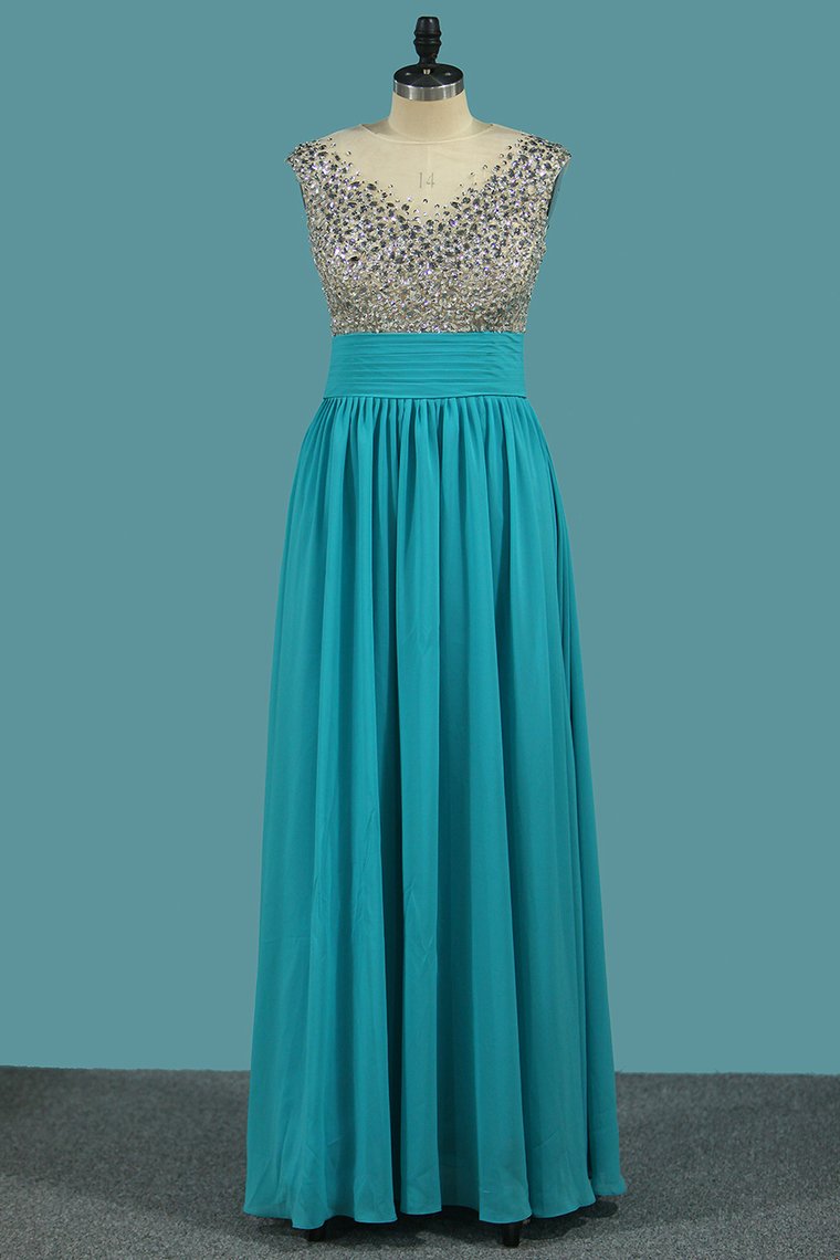 2023 Chiffon A Line Scoop Prom Dresses With Beaded Bodice And Ruffles