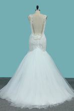 Load image into Gallery viewer, 2023 Mermaid Open Back Tulle Straps With Applique Wedding Dresses Court Train