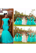 Load image into Gallery viewer, 2024 Boat Neck Mermaid Bridesmaid Dresses Tulle &amp; Lace Sweep Train