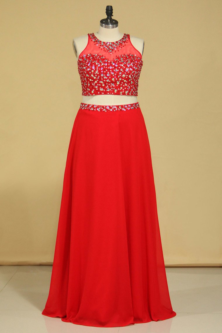 2024 Red Scoop Two Pieces A Line Prom Dresses Beaded Bodice Open Back Chiffon & Tulle