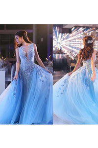 2024 Scoop Prom Dresses Mermaid Tulle With Applique Sweep Train Detachable