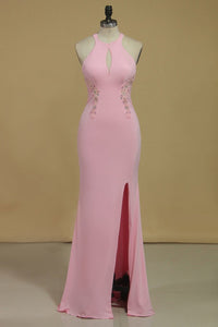 2024 Sheath Scoop With Beading And Slit Prom Dresses Sweep Train Spandex
