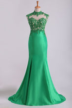 Load image into Gallery viewer, 2024 High Neck Open Back Prom Dresses Taffeta With Beads And Applique Mermaid