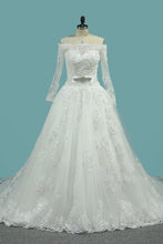 Load image into Gallery viewer, 2024 Boat Neck A-Line Wedding Dresses Court Train Tulle With Applique