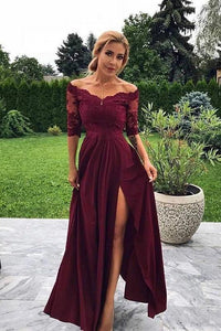 Modest Off the Shoulder Burgundy Bridesmaid Dresses with Slit, Prom SRS20427