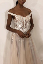 Load image into Gallery viewer, Unique Off the Shoulder Ivory Long Wedding Dress with Appliques, Sweetheart Wedding Gowns SRS15461