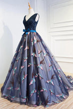 Load image into Gallery viewer, 2024 Beautiful Prom Dresses Ball Gown V Neck Lace Beading Bowknot Tulle Evening Dress