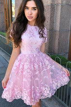 Load image into Gallery viewer, A-Line Short Sleeves Short Homecoming Dress With Lace Appliques