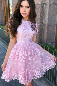 A-Line Short Sleeves Short Homecoming Dress With Lace Appliques