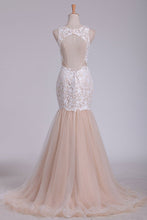 Load image into Gallery viewer, 2024 Tulle Scoop With Applique Mermaid Evening Dresses Open Back