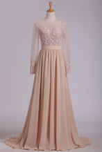Load image into Gallery viewer, 2024 Long Sleeves Evening Dresses Scoop A Line With Applique And Slit Chiffon