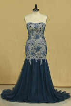 Load image into Gallery viewer, 2023 Strapless Mermaid Prom Dresses Tulle &amp; Lace With Rhinestones And Beads Plus Size