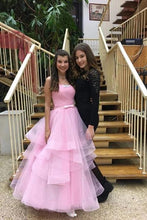 Load image into Gallery viewer, Unique Pink Tulle Long Prom Dresses, Strapless Belt Sweet 16 Dress SRS15462