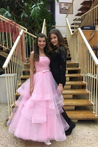 Unique Pink Tulle Long Prom Dresses, Strapless Belt Sweet 16 Dress SRS15462