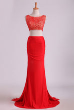 Load image into Gallery viewer, 2024 Prom Dresses Scoop Beaded Bodice Sheath Two Pieces Spandex Sweep Train