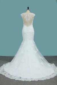 2024 Mermaid Wedding Dresses Scoop Tulle With Applique Court Train