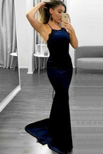 Load image into Gallery viewer, Spaghetti Straps Long Sheath Charming Simple Prom Dresses With Black Appliques