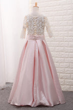 Load image into Gallery viewer, 2024 Scoop Mid-Length Sleeve Satin A Line Flower Girl Dresses With Applique Floor-Length