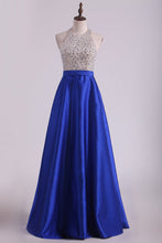 Load image into Gallery viewer, 2024 Dark Royal Blue Halter Beaded Bodice Prom Dresses Satin Open Back