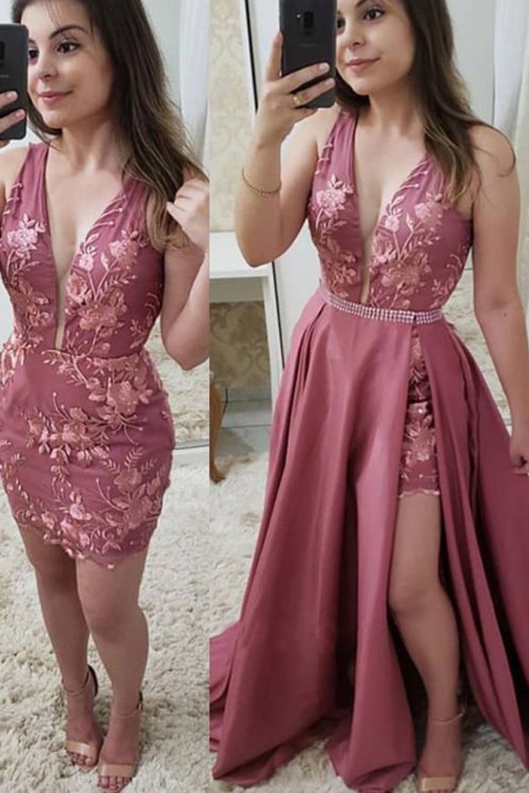 2024 Charming Two Piece V Neck Blush Pink Lace Long Prom Dresses Elegant Beading Evening Dresses