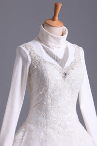 2024 Muslim Wedding Dress Sweetheart A Line Court Train With Applique & Sash Beaded
