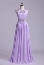 Load image into Gallery viewer, 2024 Sexy Prom Dresses Scoop A Line Floor-Length Open Back Chiffon With Beading