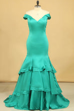 Load image into Gallery viewer, 2024 Off The Shoulder Mermaid Prom Dresses Sweep Train Satin Zipper Back
