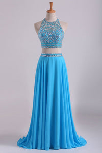 2024 Two-Piece A Line Prom Dresses Beaded Bodice Open Back Chiffon & Tulle