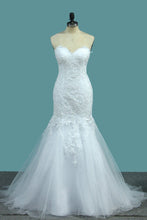 Load image into Gallery viewer, 2024 Mermaid Tulle Sweetheart With Applique Sweep Train Wedding Dresses