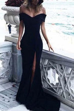 Load image into Gallery viewer, Sexy Leg Slit Long Off-the-Shoulder Jersey Sweetheart Mermaid Black Prom SRS13601