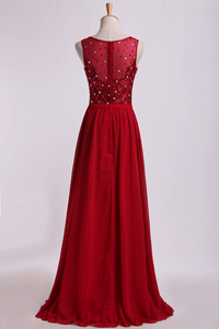 2024 Bateau Prom Dresses A Line Floor Length With Embroidery&Beads Chiffon&Tulle