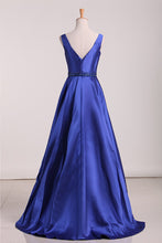 Load image into Gallery viewer, 2024 Satin Prom Dresses Straps Beaded Waistline A Line Floor Length