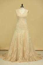 Load image into Gallery viewer, 2024 Champagne V-Neck Wedding Dresses A Line Court Train With Applique