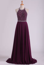 Load image into Gallery viewer, 2024 Grape A Line Prom Dresses Halter Beaded Bodice Open Back Sweep Train Chiffon &amp; Tulle