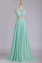 Load image into Gallery viewer, 2024 See-Through Scoop A Line Chiffon Prom Dresses With Applique Floor Length