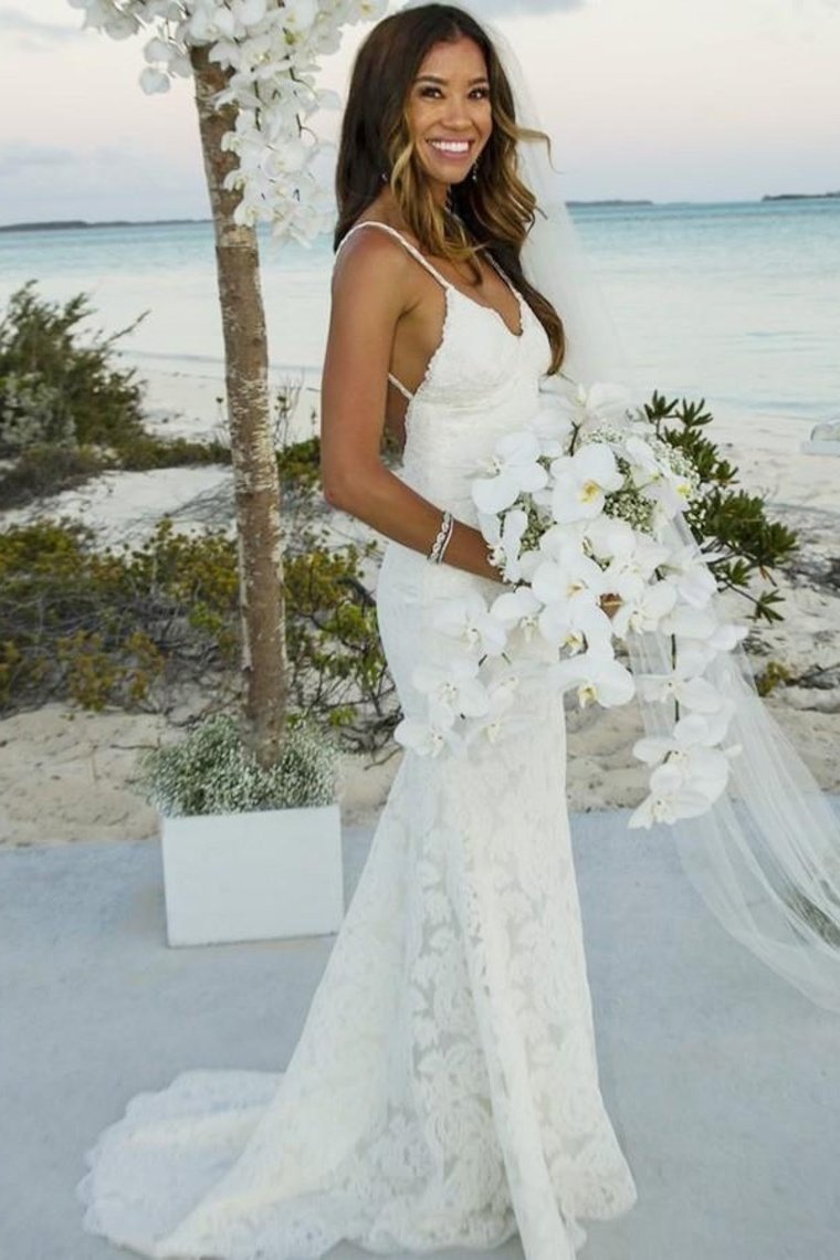 Sheath Mermaid Long Spaghetti Straps Lace Simple Beach Wedding Dresses