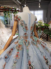 Load image into Gallery viewer, Ball Gown Blue Cap Sleeve Long Prom Dresses Lace up Beads Quinceanera Dresses P1088