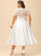 A-Line Lace Satin Ruffle Dress Tea-Length Wedding With Evangeline Wedding Dresses Pockets V-neck