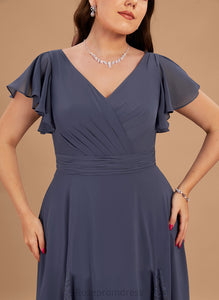 Embellishment Silhouette Fabric A-Line Asymmetrical Neckline V-neck Ruffle Length Gina Bridesmaid Dresses
