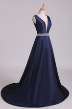 Load image into Gallery viewer, 2024 New Arrival V-Neck Prom Dresses A Line Beaded Waistline Court Train