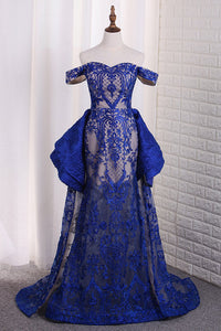 2024 Luxurious Lace Off The Shoulder Mermaid Prom Dresses Sweep Train