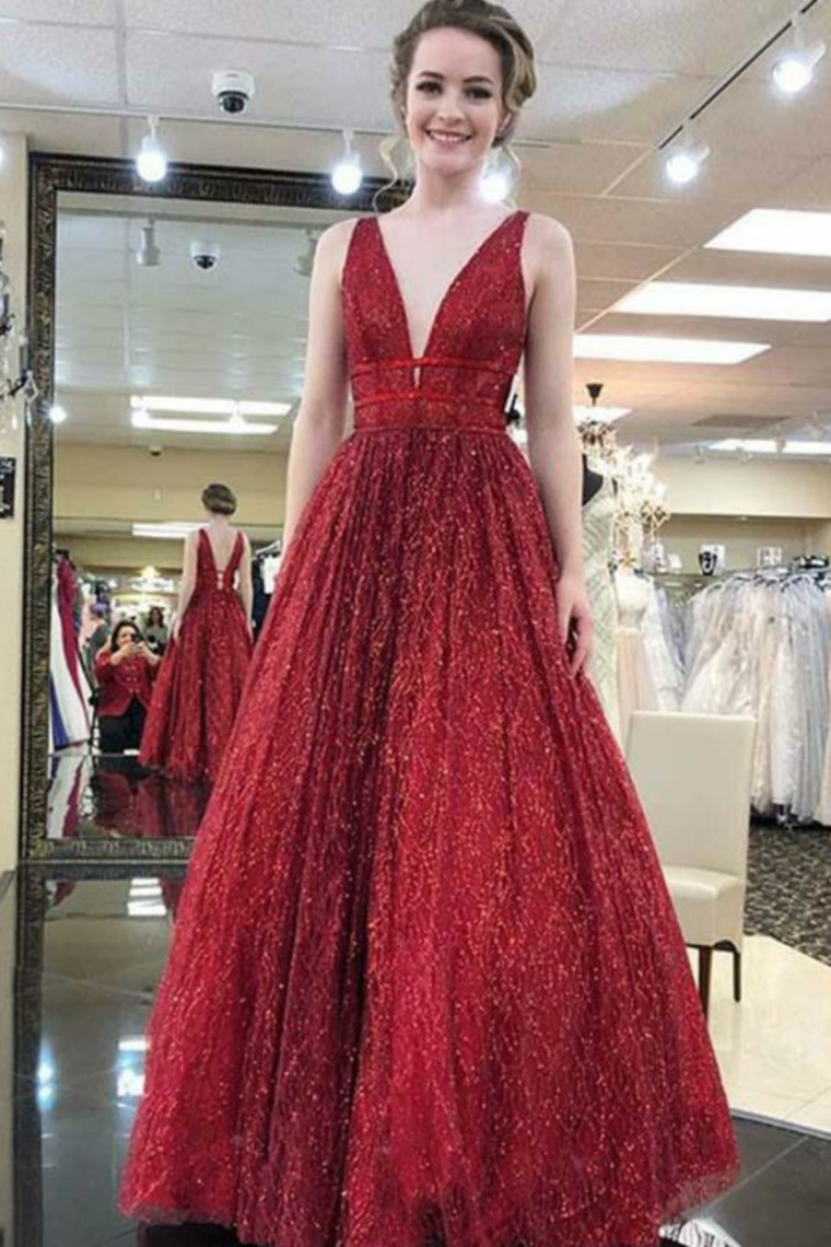 2023 V Neck A Line Prom Dresses Sequins Tulle Floor Length
