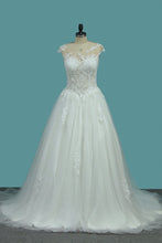 Load image into Gallery viewer, 2024 A Line Tulle Scoop Wedding Dresses With Applique Sweep Train