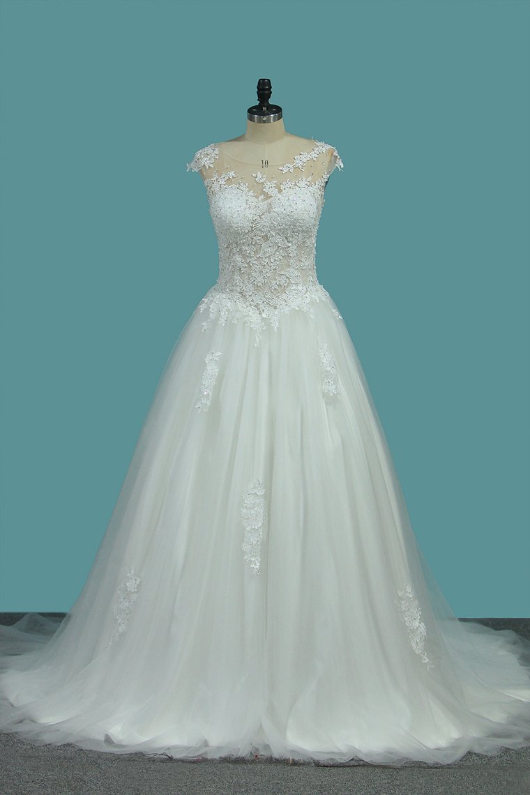 2024 A Line Tulle Scoop Wedding Dresses With Applique Sweep Train