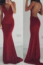 Load image into Gallery viewer, Sexy Backless Cocktail V-Neck Mermaid Spaghetti Straps Sleeveless Burgundy Prom Dresses RS32