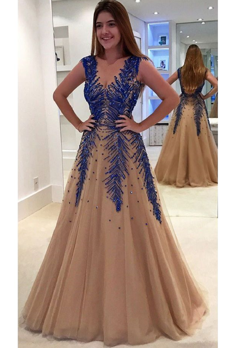 2024 Prom Dresses V Neck Tulle With Beading Sweep Tran A Line