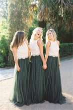 Load image into Gallery viewer, 2 Pieces Ivory And Green Long Lace Tulle Beautiful Simple Bridesmaid Dresses