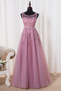 2024 Scoop A Line Prom Dresses A Line Tulle With Applique Floor Length
