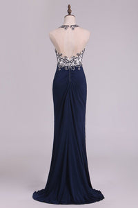 2024 Sexy Open Back Prom Dresses Sheath Scoop Spandex With Beading And Slit