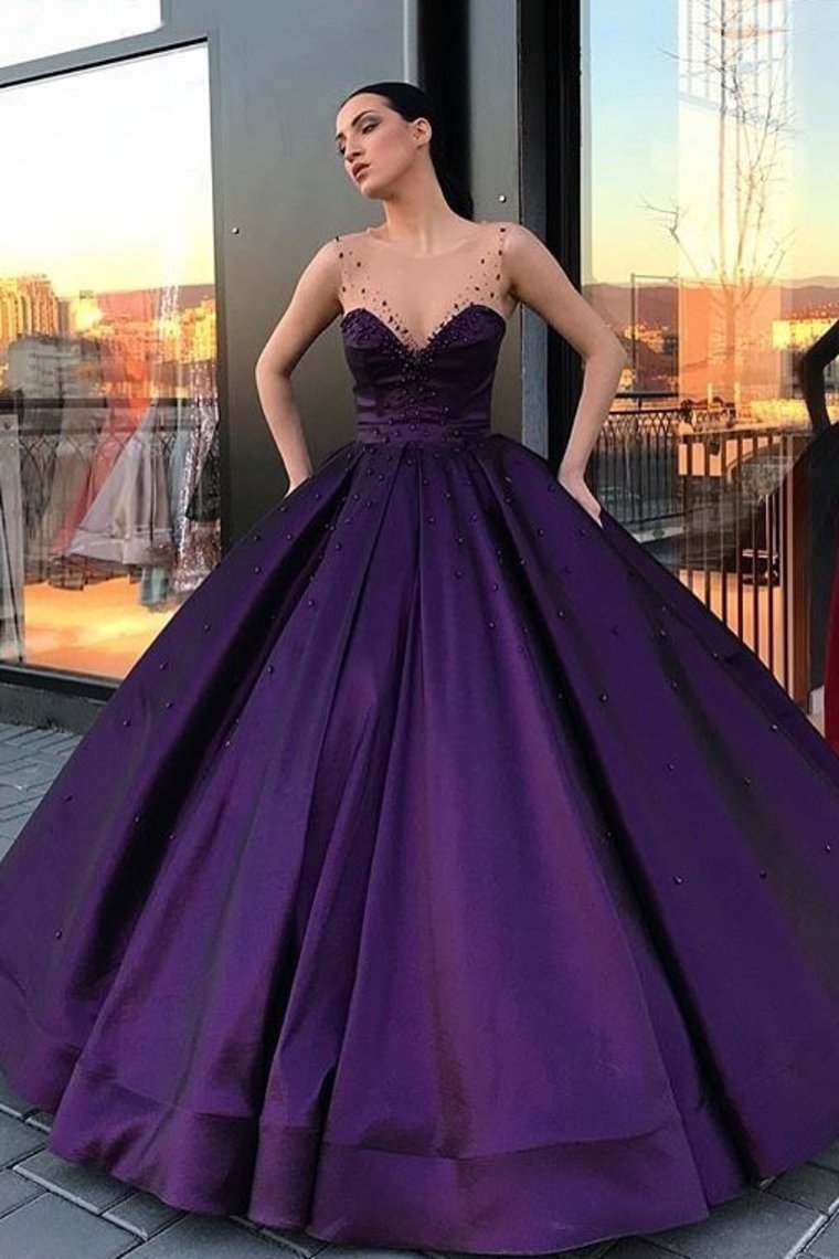 2024 Ball Gown Prom Dresses Scoop Satin With Beads Floor Length